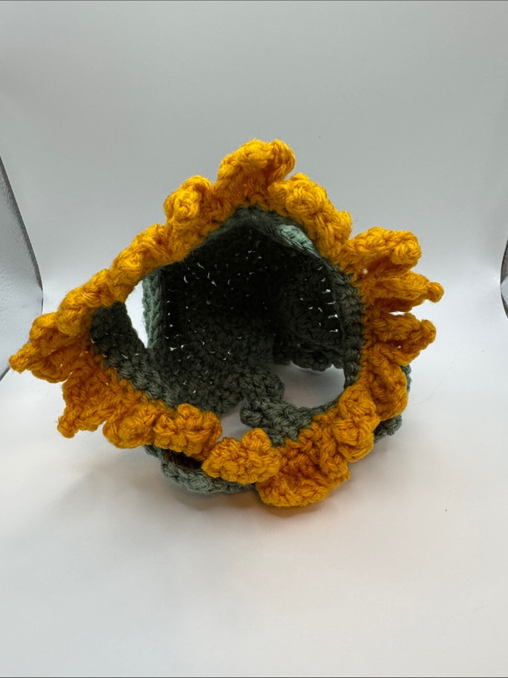 Handmade Green and Mustard Crochet Sunflower cat hat